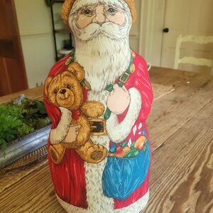 Handcrafted VTG Santa Claus Fabric Doorstop With Teddy Bear & Christmas Toys